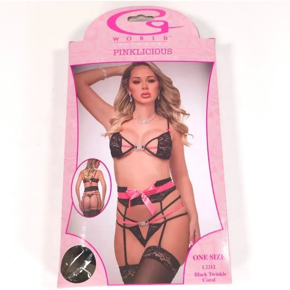 G World Pink Lace Lingerie Set Peekaboo Bra‎ Garter Stockings One Size L2212